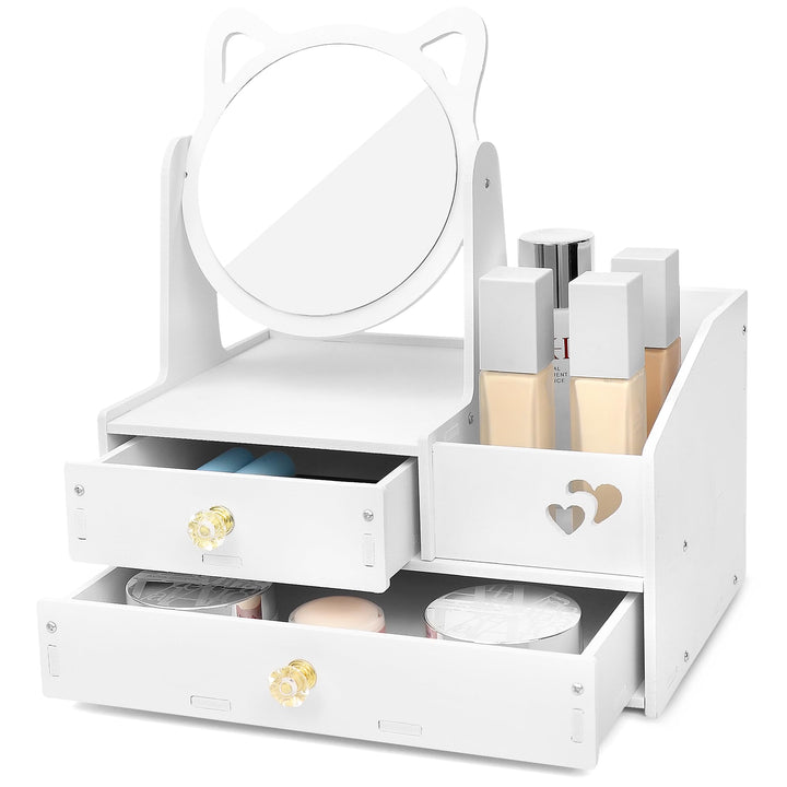 LEcylankEr Schminktisch Organizer mit 360° Spiegel und Schublade, Kosmetik Organizer aus PVC Weiss,