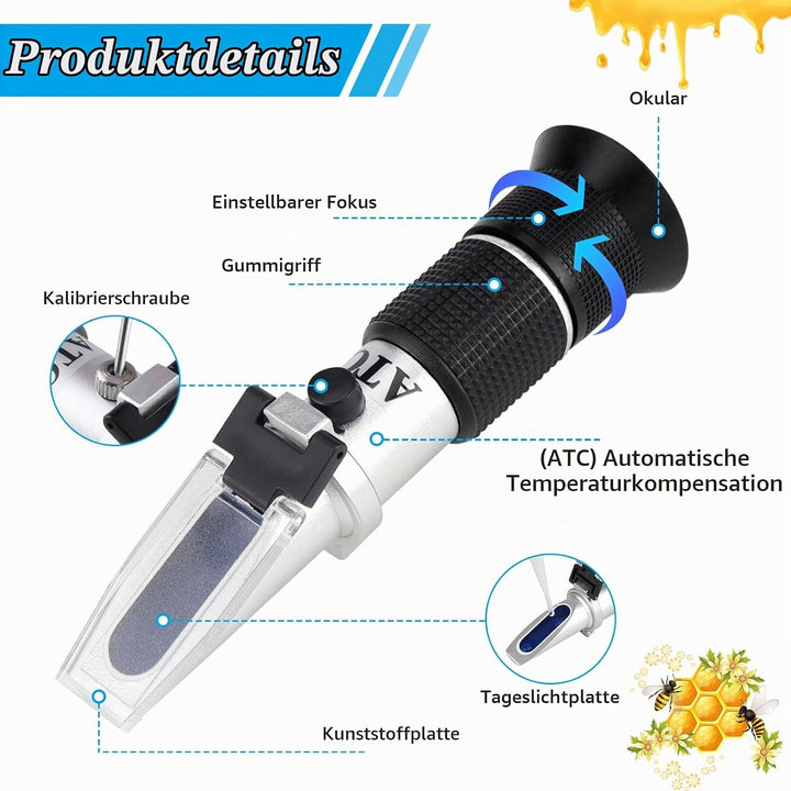 Rierousy 3-In-1 Refraktometer Honig mit Dreifach-Skala(Wasser: 12-27%, Brix: 58-90%, Be&