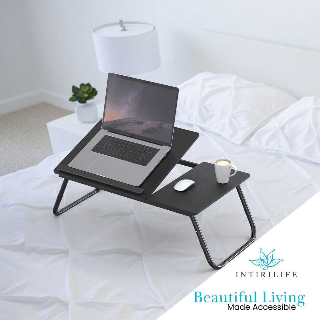 Laptoptisch ausklappbarer höhenverstellbarer in Schwarz - 60 x 35 x 24.5 cm - Lesetisch Frühstücksbr