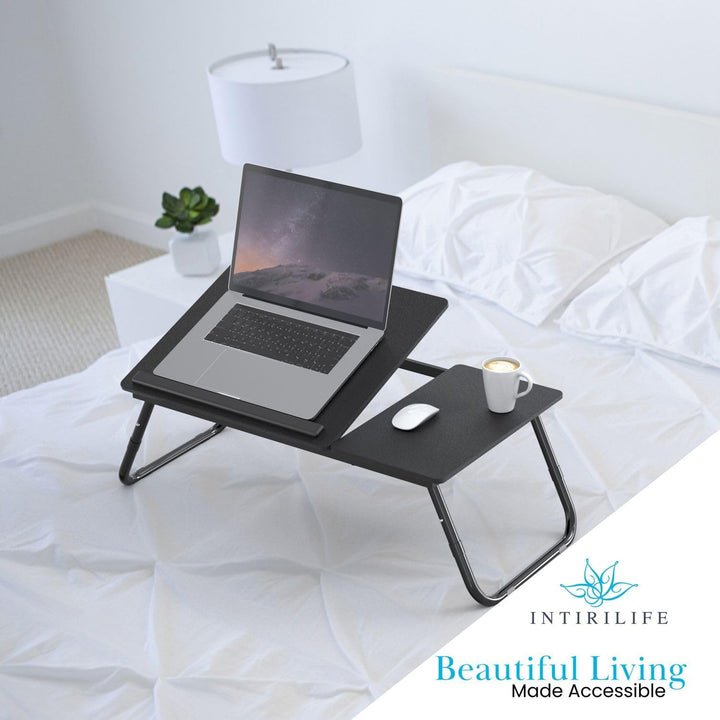 Laptoptisch ausklappbarer höhenverstellbarer in Schwarz - 60 x 35 x 24.5 cm - Lesetisch Frühstücksbr