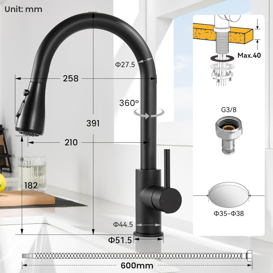 Wasserhahn küche mit Ausziehbar Hochdruck fur Spüle - Küchenarmatur Schwarz mit Brause - Edelstahl A
