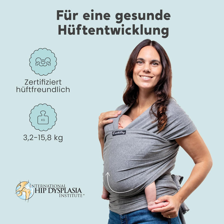 Cuddlebug Tragetuch Baby Neugeborene, Elastisch, 3-16 kg, Grau | Atmungsaktiver Stoff, Freihändiges