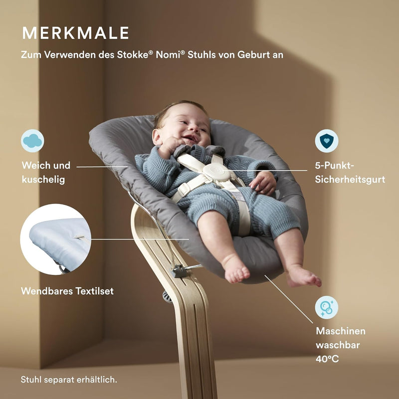 Stokke Nomi Newborn Set, Black/Grey Blue - Mit 5-Punkt-Sicherheitsgurt und wendbarem, waschbarem Tex