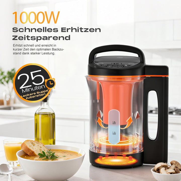 Suppenbereiter 1,6L Edelstahl 1000W Elektrischer Suppenkocher mit 4 Programmen Timer Warmhaltefunkti