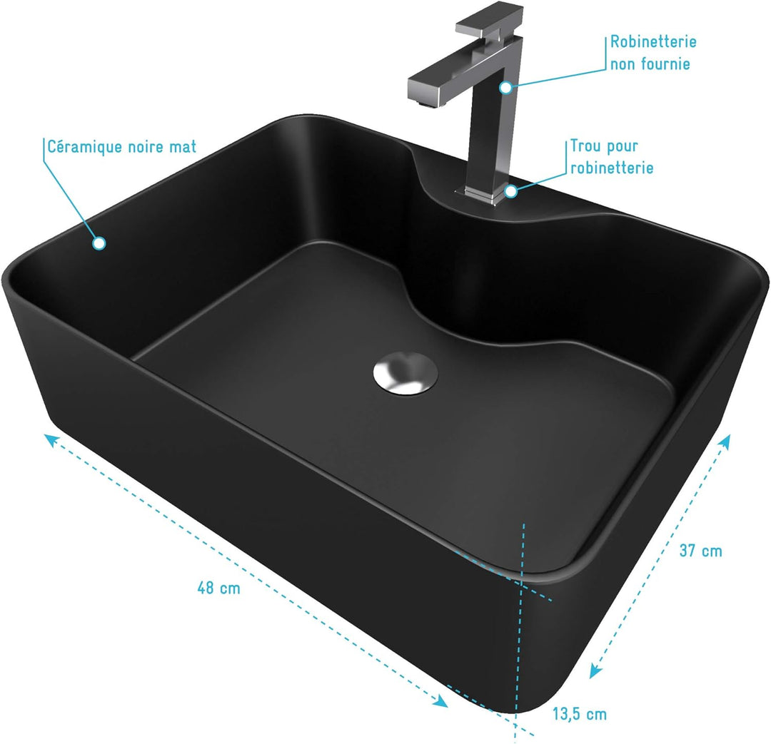 Rechteckiges Waschbecken aus schwarzer Keramik – 48 x 37 x 13,5 cm – Rechteck Dark 48x37x13.5cm Schw