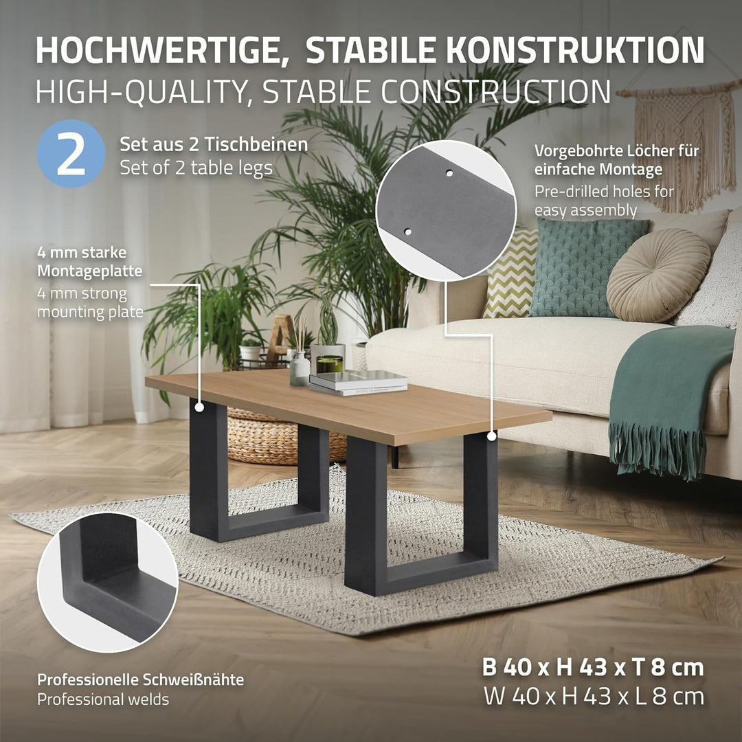 ECD Germany 2er Set Tischbeine 40x43 cm, Anthrazit, Stahl pulverbeschichtet, Industriedesign, Vierka