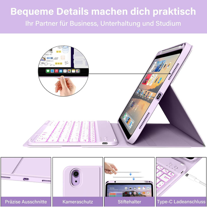 SZPCGC Hülle mit Tastatur für iPad A16 11/10 Generation (2025/2022, 11/10.9 Zoll) - 7 Farben Beleuch