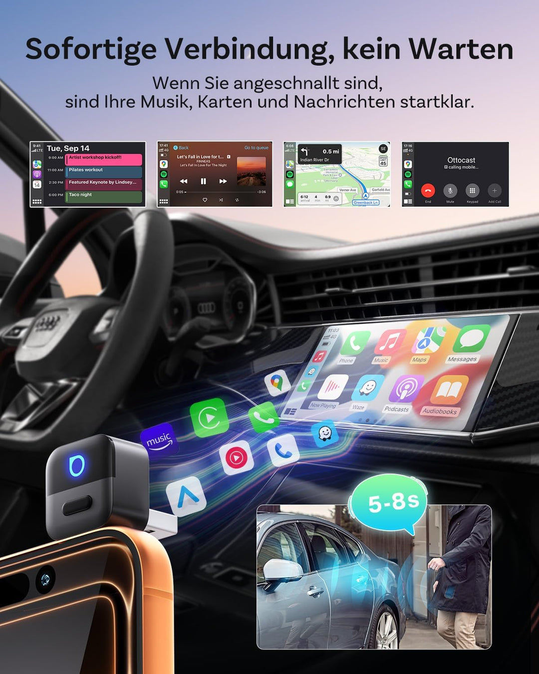 OTTOCAST Mini Pico 2026 Verbesserte, 2 in 1 Wireless CarPlay & Android Auto Adapter mit USB-A/C-Adap