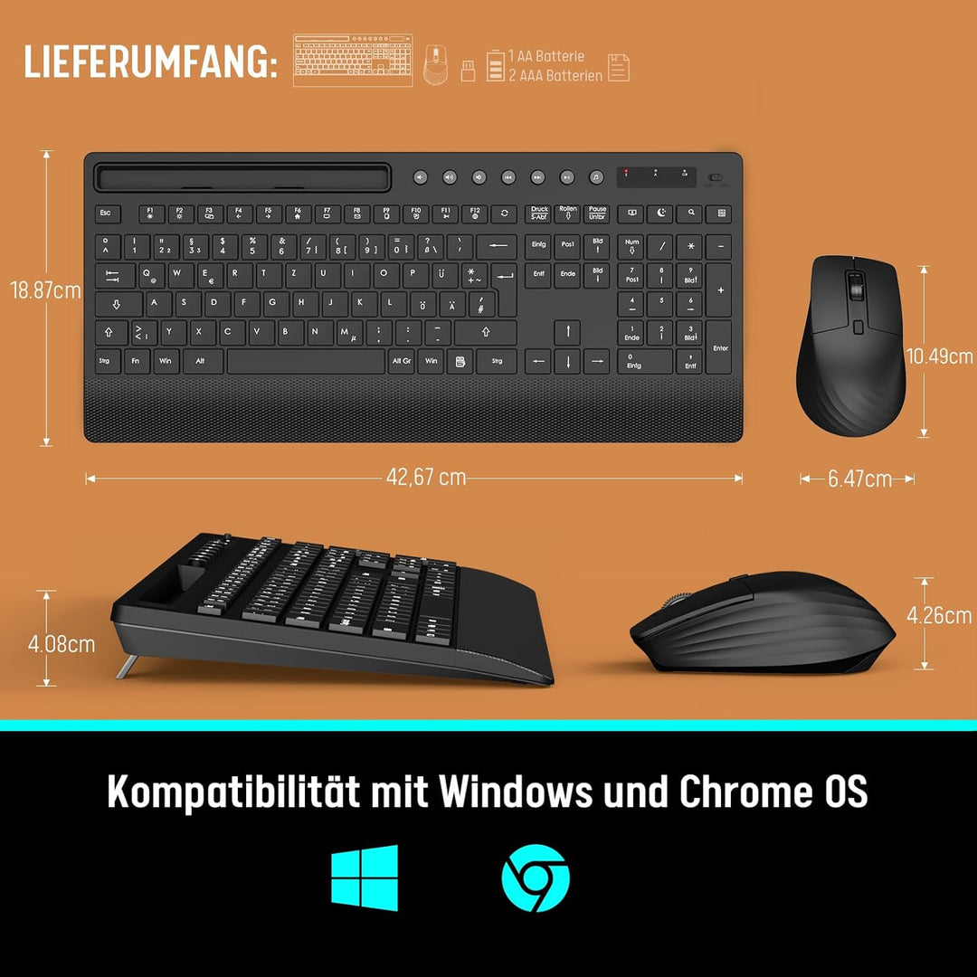 Tastatur Maus Set Kabellos, Leise 2,4 GHz Tastatur in voller Grösse mit Handballenauflage, Telefonha