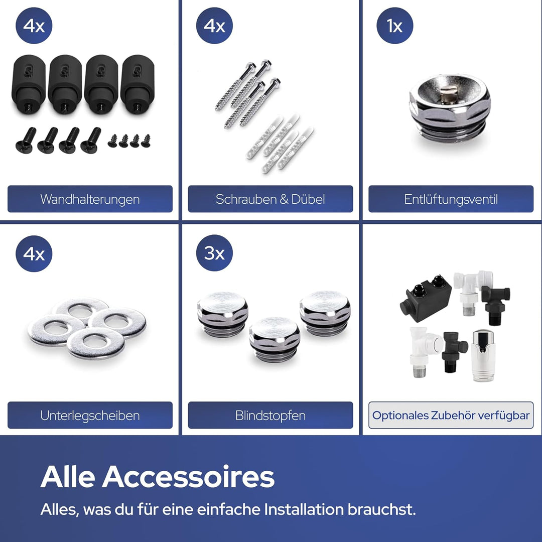 VILSTEIN Bad Heizkörper, Horizontal, Schwarz, Seitenanschluss und Mittelanschluss, 800x500 mm 407W -