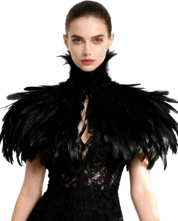 keland Schwarzer Gothic Victorian natürlicher Feder-Kap-Schal-Stola Poncho mit-Kragen, Schwarz