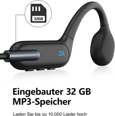 Kopfhörer Schwimmen, Knochenschall Bluetooth 5.3, Sport 32G-Speicher, IPX8 Wasserdicht, Unterwasser-
