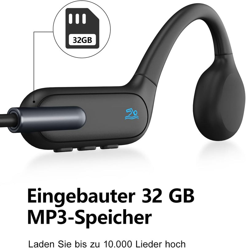 Kopfhörer Schwimmen, Knochenschall Bluetooth 5.3, Sport 32G-Speicher, IPX8 Wasserdicht, Unterwasser-