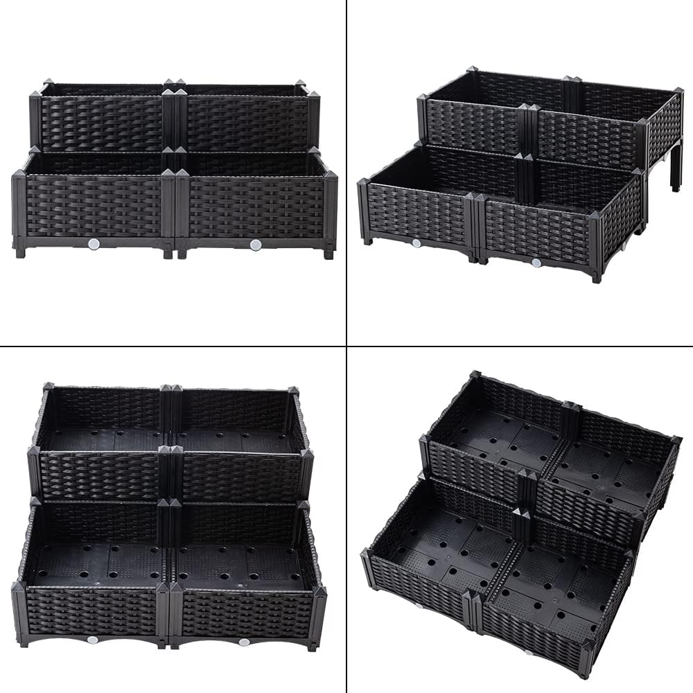 Mingone 4X Blumenkasten Rattan Optik Blumentopf aus Kunststoff Blumenkasten Balkonkasten mit Wassers