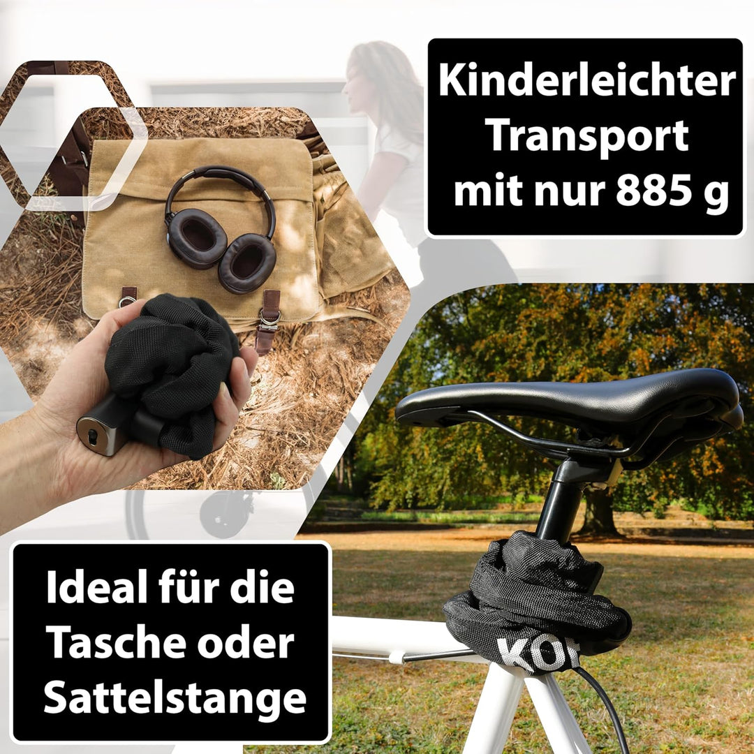 KOHLBURG Kettenschloss Fahrrad [103cm lang, 6mm starke Titan-Stahl Kette] - zuklickbares Fahrrad Sch