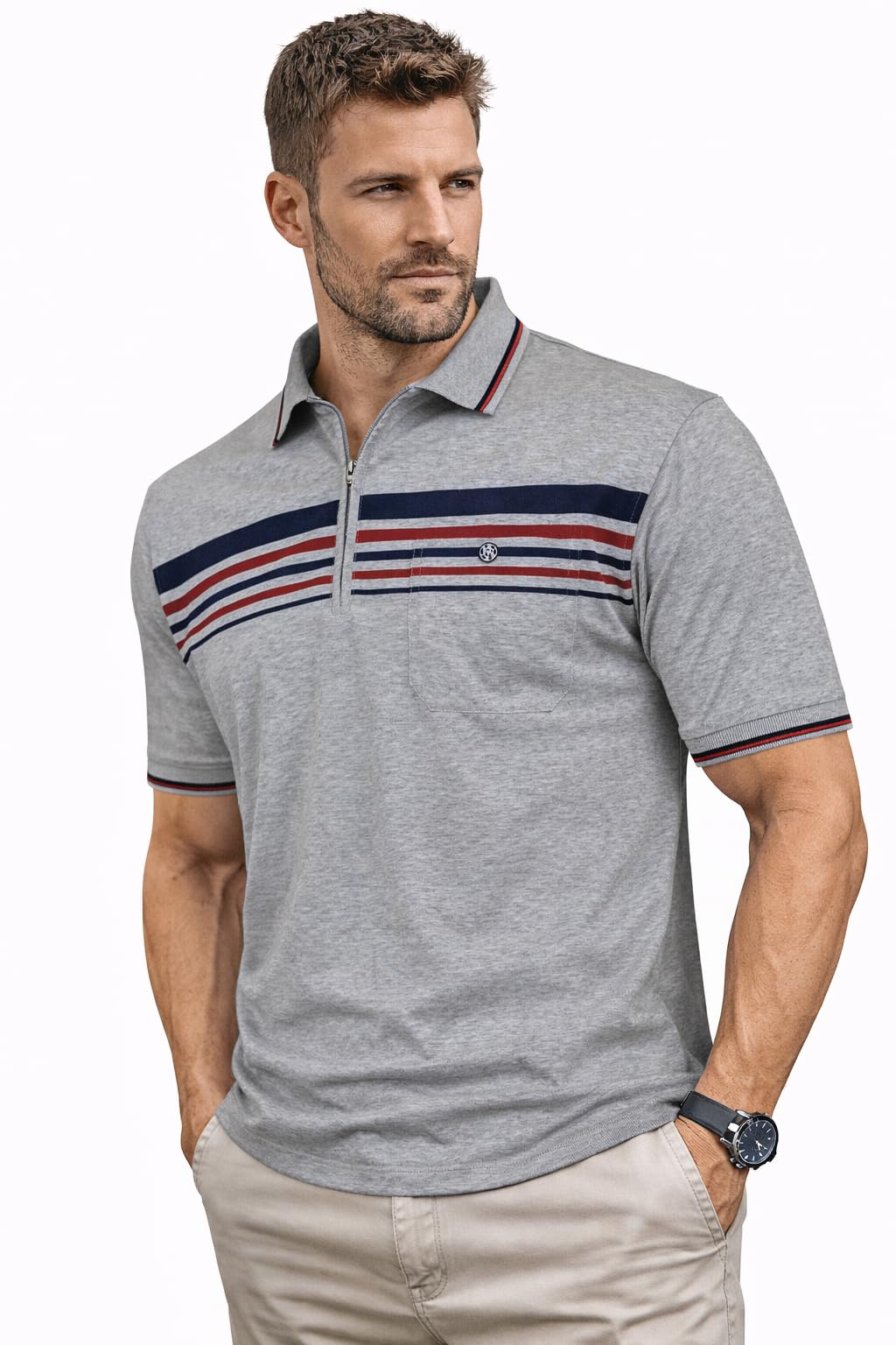 Soltice Herren Kurzarm Poloshirt, Polohemd Kragen, Gestreifte Blousonshirt mit Brusttasche aus Baumw