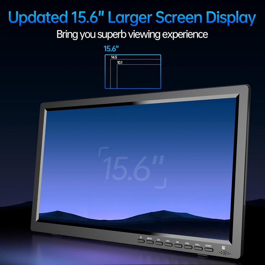 DESOBRY Camping TV 15,6 Zoll Tragbarer Fernseher mit 3000mAh Akku, DVB-T2 HD Tuner, Full HD 1080P, H