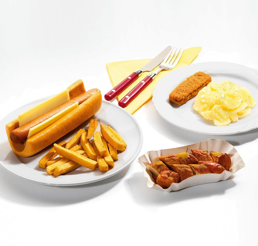 Currywurst mit Sauce weiss geschnitten Lebensmittel-Attrappe 14 x 9 cm Deko Currywurst Künstliche Cu