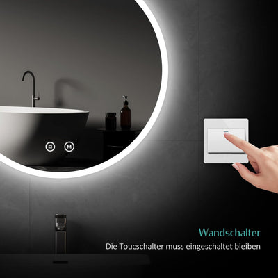 EMKE Badspiegel mit Beleuchtung Rund 50cm Badezimmerspiegel mit Touchschalter, 3 Lichtfarben dimmbar