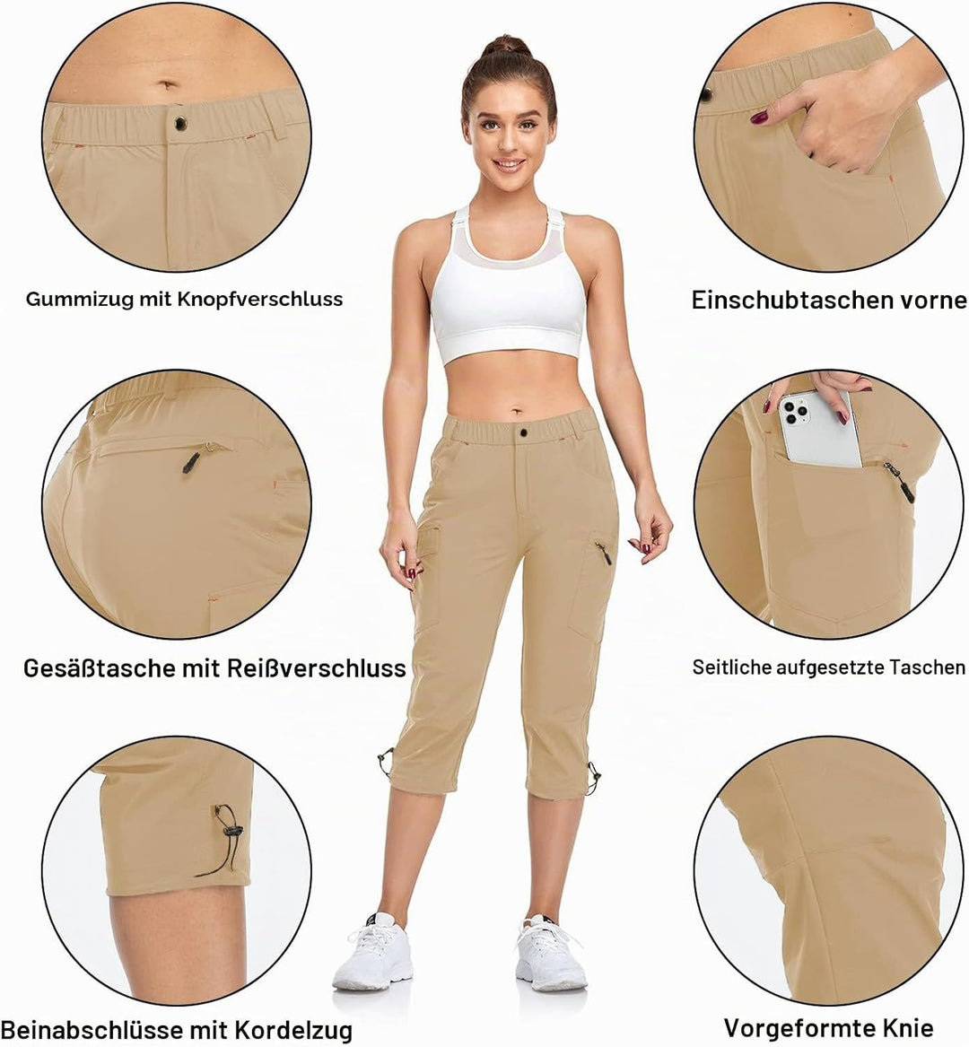 GymBrave Wanderhose Damen 3/4 Trekkinghose Stretch Leiche schnell trocknend Cargo Caprihose Sommer O