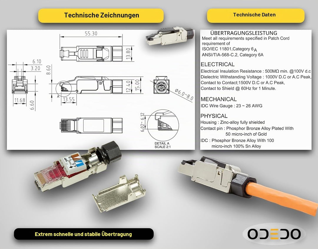 odedo 8X CAT 6A &amp; 7 RJ45 Crimp Stecker Netzwerkstecker feldkonfektionierbar bis 10 Gigabit für Verle