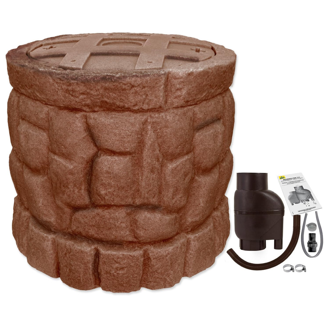 Regentonne Märchenbrunnen 330l mit Fallrohrfilter T33 FROSTSICHERES Regenfass mit stabilem Deckel un