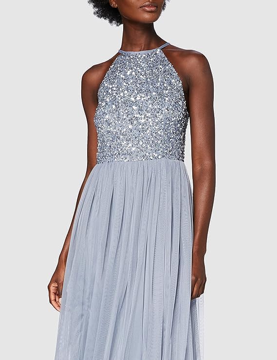 Maya Deluxe Damen Maxikleid Brautjungfer Neckholder Pailletten Verziert Abschlussball Hochzeit Dleid