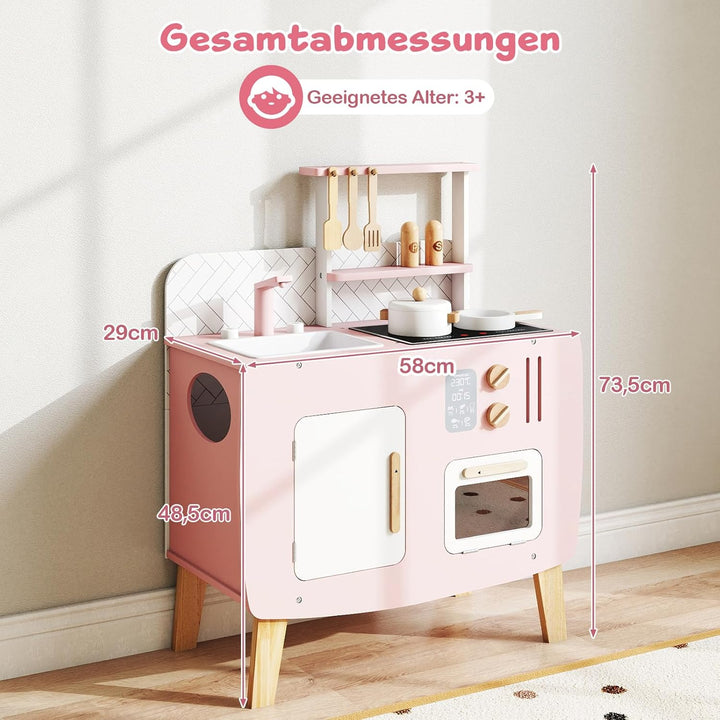 COSTWAY Kinderküche Holz, Spielküche mit Herd, Spüle, Wasserhahn & Ofen, Mini Küche mit Kochgeschirr