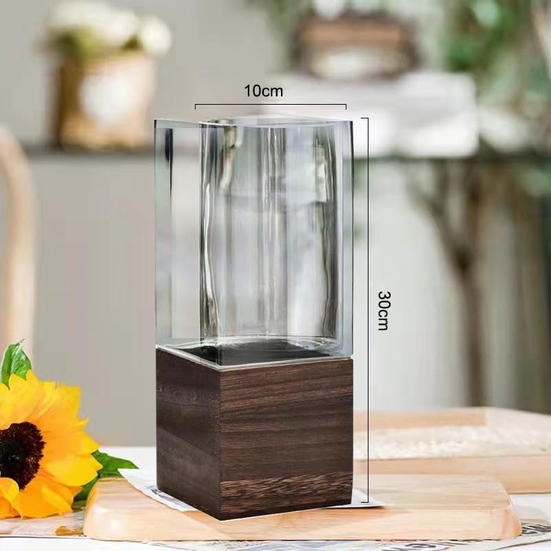 MAADES Vase Blumenvase aus Glas & Holz Eckig 30cm gross Glasvase Grau als Tischdeko Hochzeitsdeko