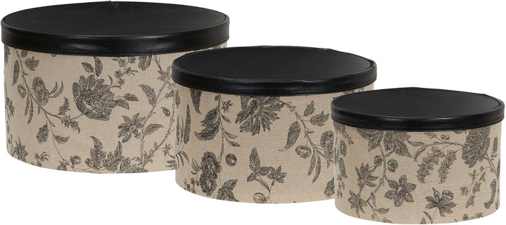 Household Essentials 3-Piece Hat Box Set with Faux Leather Lids, Floral Pattern Blumenmuster, Blumen