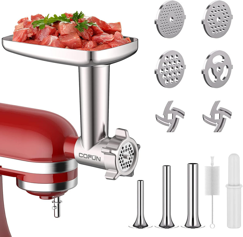 COFUN Fleischwolf Aufsatz für Kitchenaid Zubehör, als Kitchen Aid Zubehör mit 4 Mahlscheibe 3 Wurstf