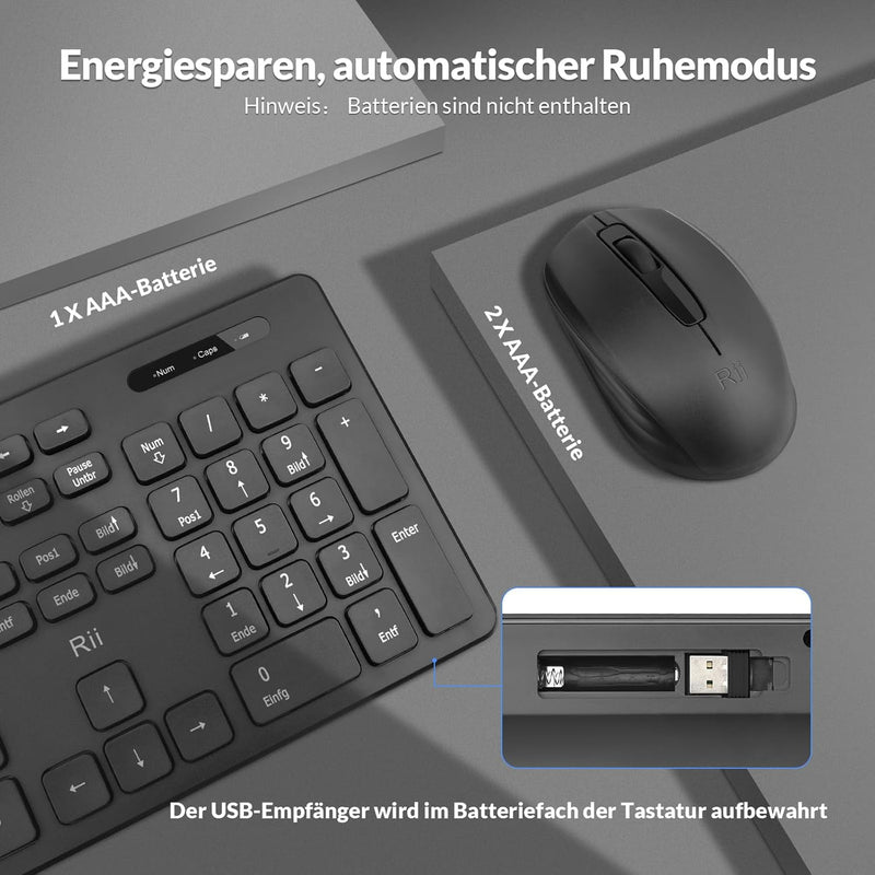 Rii Tastatur Maus Set kabellos, Funktastatur mit Maus, Wireless Keyboard and Mouse, Für PC/Laptop/Wi