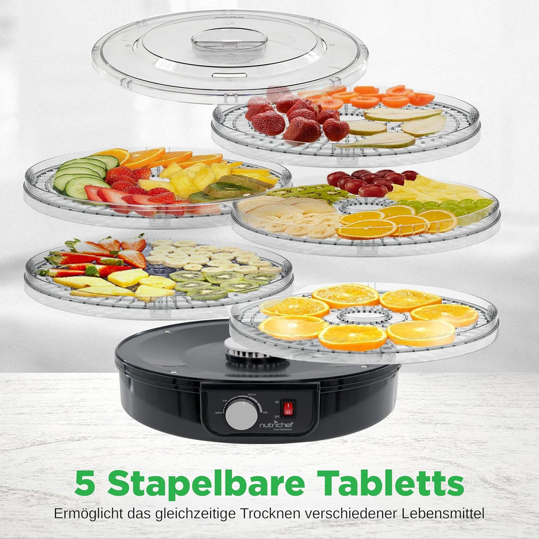 Nutrichef Dörrautomat 5 Einschübe – Schwarz BPA-freies Dörrgerät für Fleisch, Obst, Pilze & Gemüse,