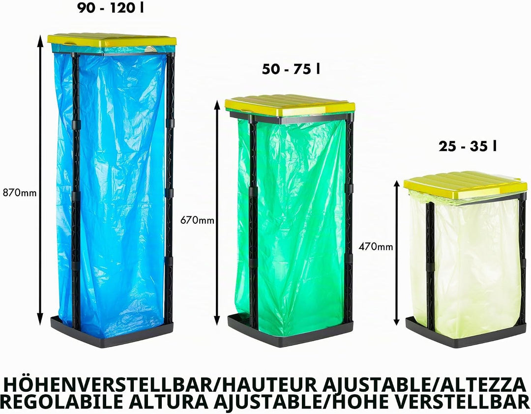 Grizzly Müllsackständer, Mülltütenhalter bis 120L, 3er Set, gelbe Deckel, höhenverstellbar, geruchsn