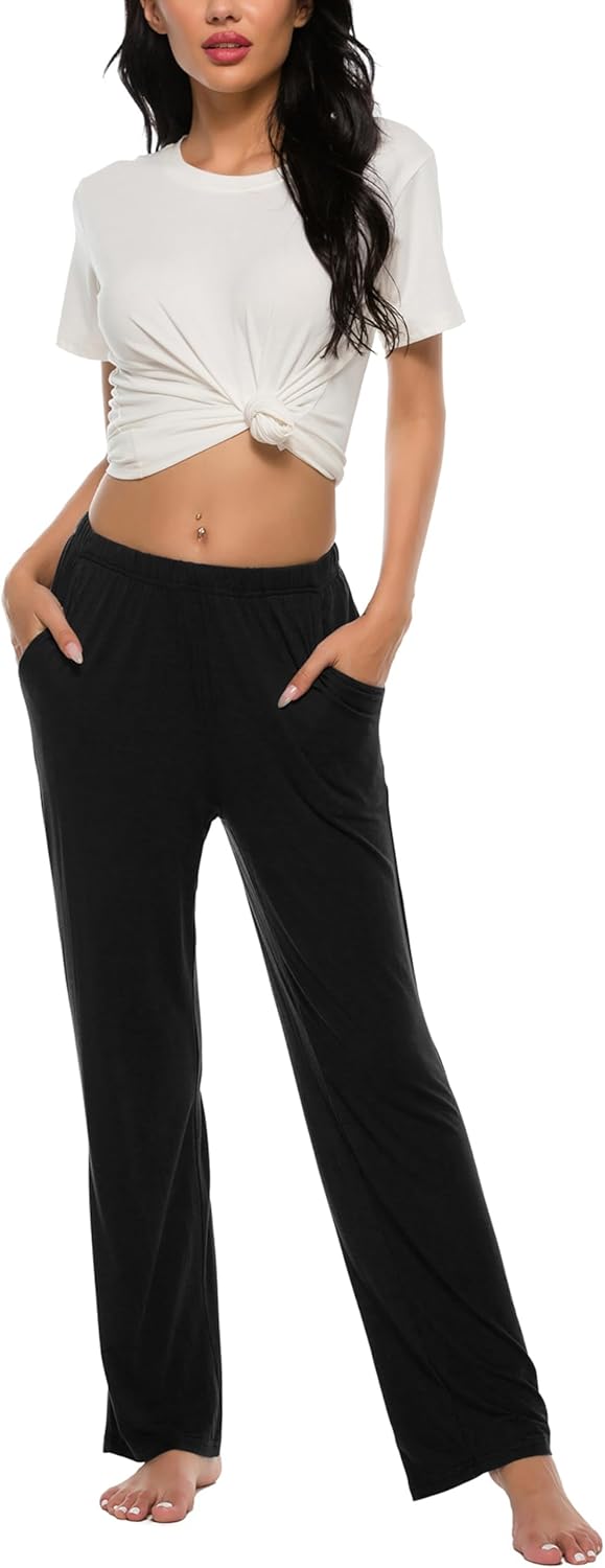 JINSHI Damen Schlafanzughose Lang Pyjamahose Weich Modal Nachtwäsche Freizeithose, Schwarz+dunkelgra