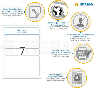 HERMA 10140 Ordnerrücken Etiketten ablösbar kurz schmal, 100 Blatt, 192 x 38 mm, 7 Stück pro A4 Boge