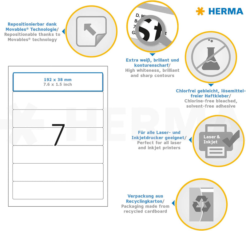 HERMA 10140 Ordnerrücken Etiketten ablösbar kurz schmal, 100 Blatt, 192 x 38 mm, 7 Stück pro A4 Boge