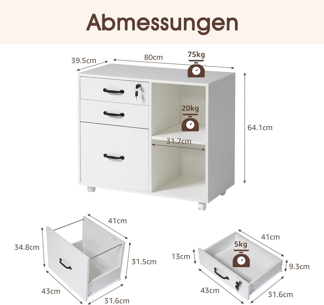 OC Orange-Casual 2er Aktenschrank mit 3 Schubladen und 2 Ablagen, 2 TLG-Mobiler Druckertisch mit Rol