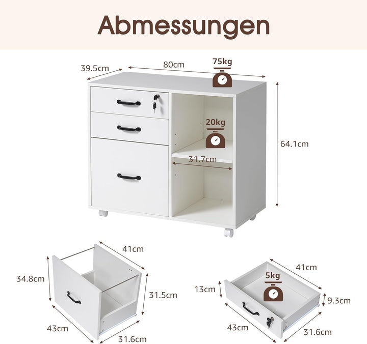 OC Orange-Casual Aktenschrank mit 3 Schubladen und 2 offenen Ablagen, Mobiler Druckertisch mit Rolle