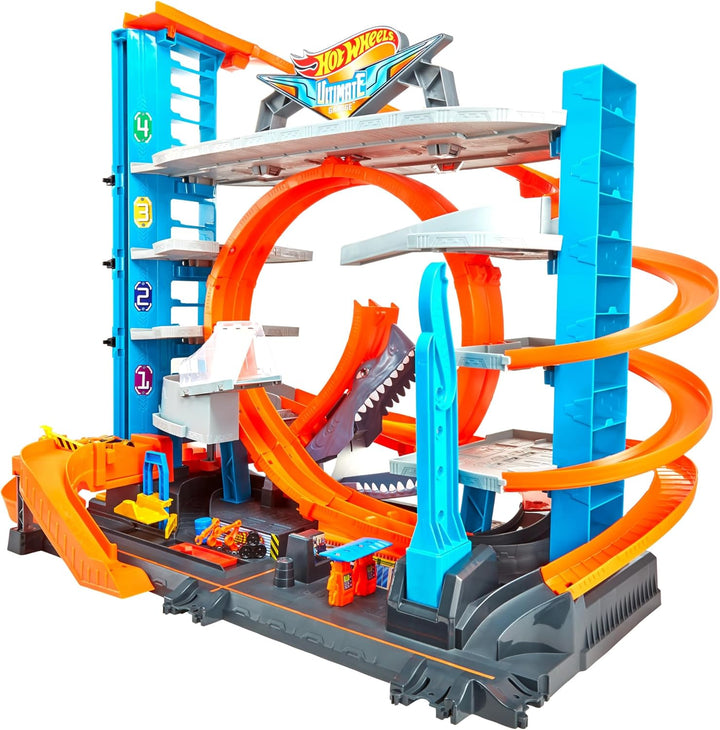 Hot Wheels FTB69 - City Ultimate Parkgarage und Parkhaus für Kinder, Garage mit Hai für +90 Autos, m