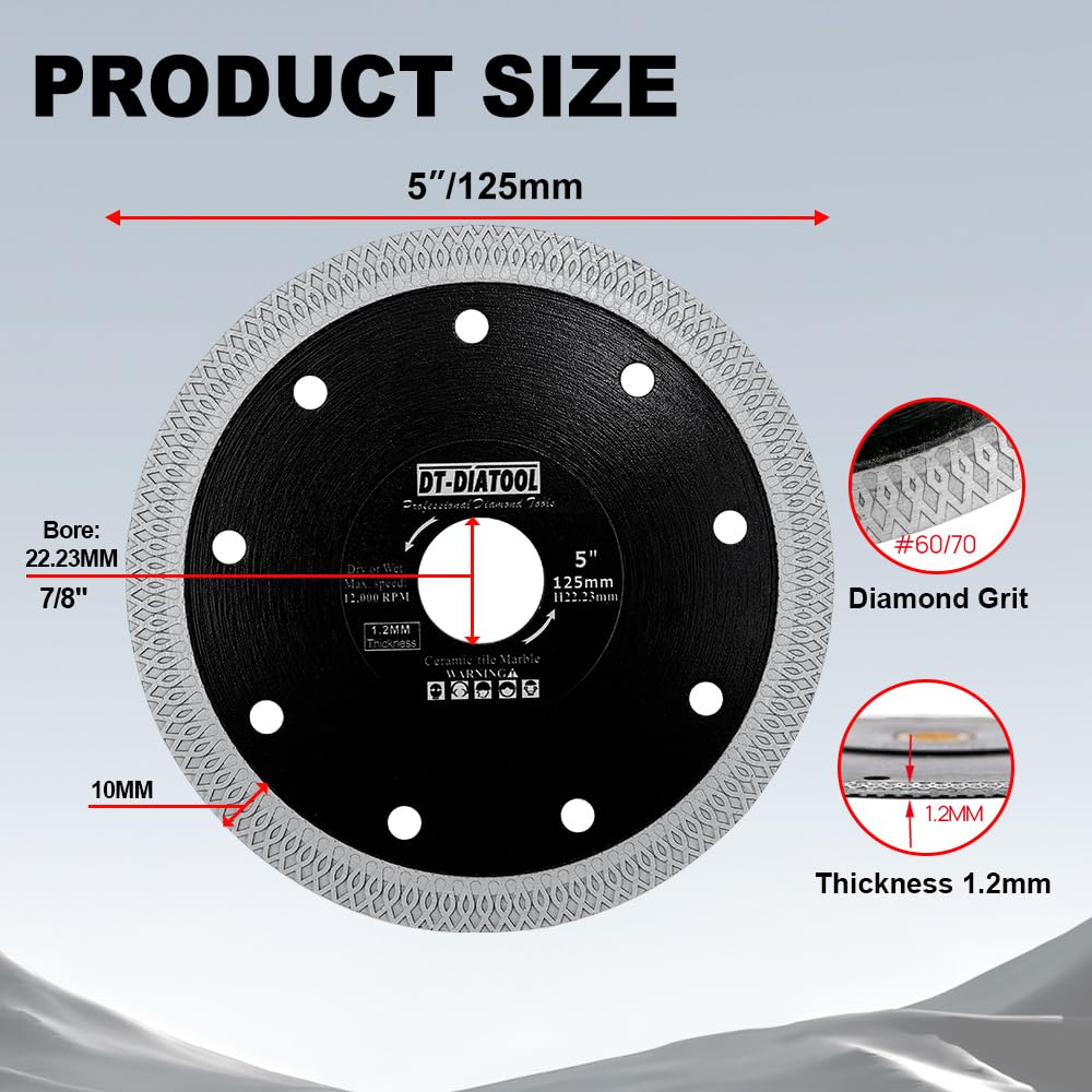 DT-DIATOOL Diamant Trennscheibe 2 Stücke 125 mm Sägeblatt mit X Mesh Turbo für Porzellan Fliesen Mar