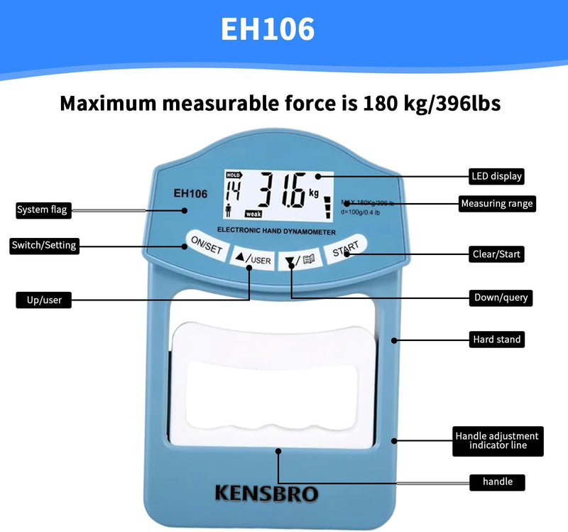 Digitaler Handkraftmessgerät 396lb/180kg, Dynamometer Digital, Electronic Hand Dynamometer, Elektron