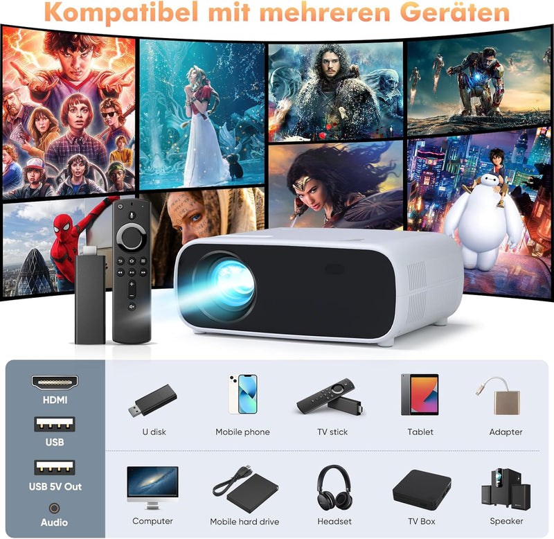 Mini Beamer mit Bluetooth und WiFi, 18000 Lumens Projektor Grösse 200 Zoll Heimkino Projector, kompa