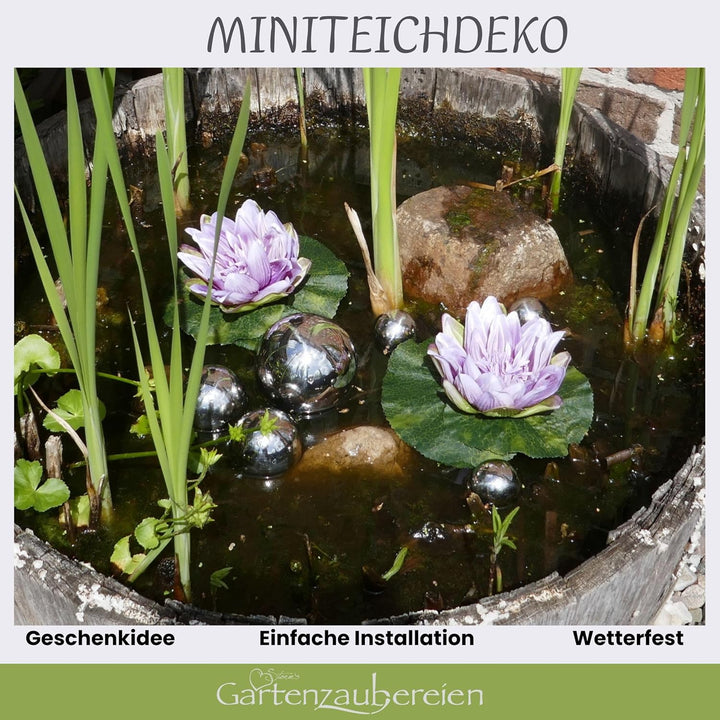Miniteich Komplettset mit 2 künstlichen Seerosen lila Schwimmkugeln - Teichkugeln in Silber