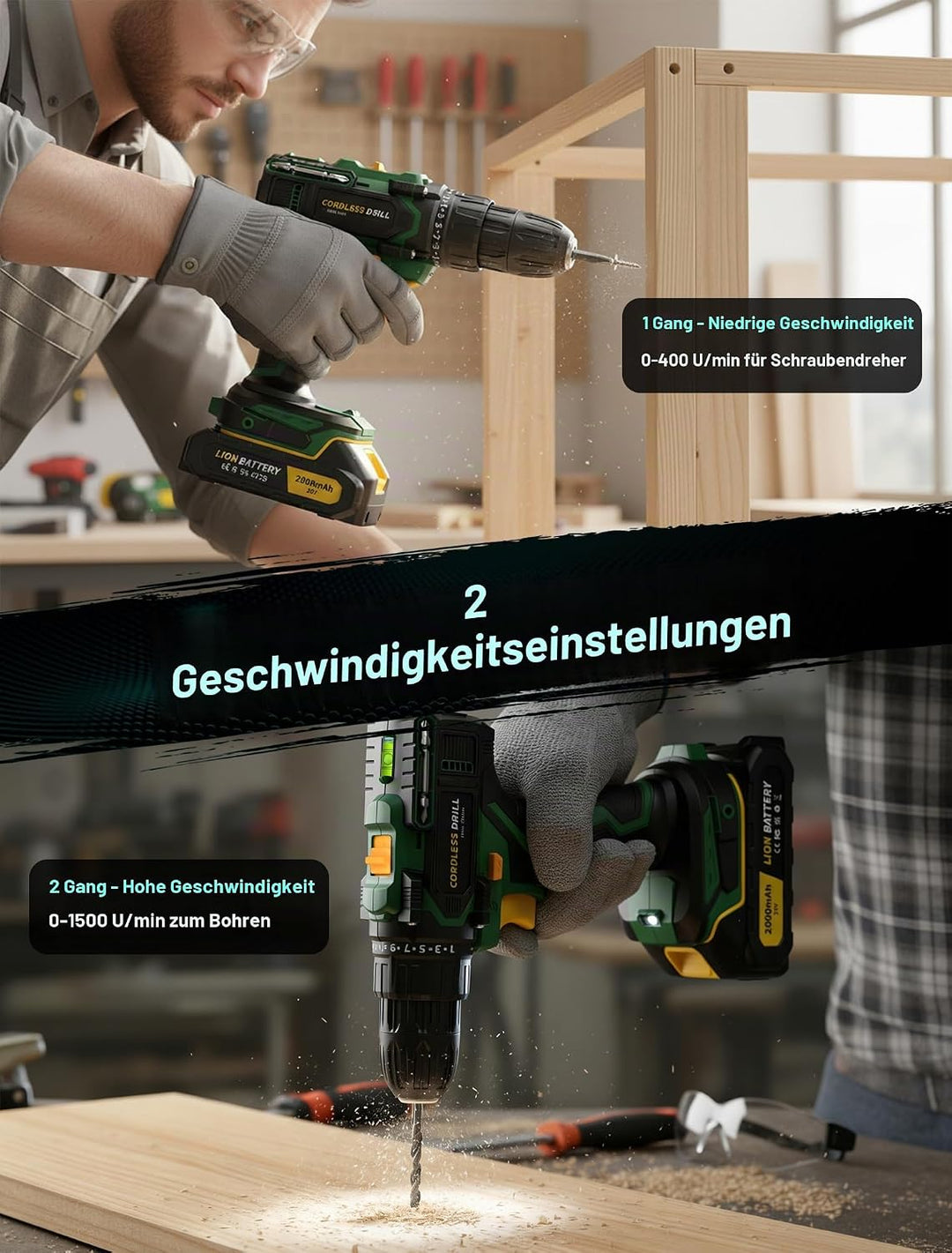 Akkuschrauber mit 2x 2000mAh Akkus, Bürstenlos Akku Schlagbohrschrauber Set, 20V Akku Bohrschrauber