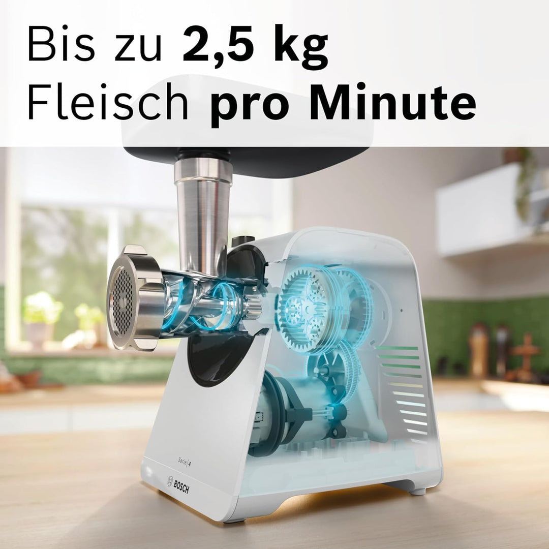 Bosch Fleischwolf Serie 4 MFWS420W, kompakt, 2 Stufen, 2 Lochscheiben (3 & 8mm), Wurststopfer, 10 J
