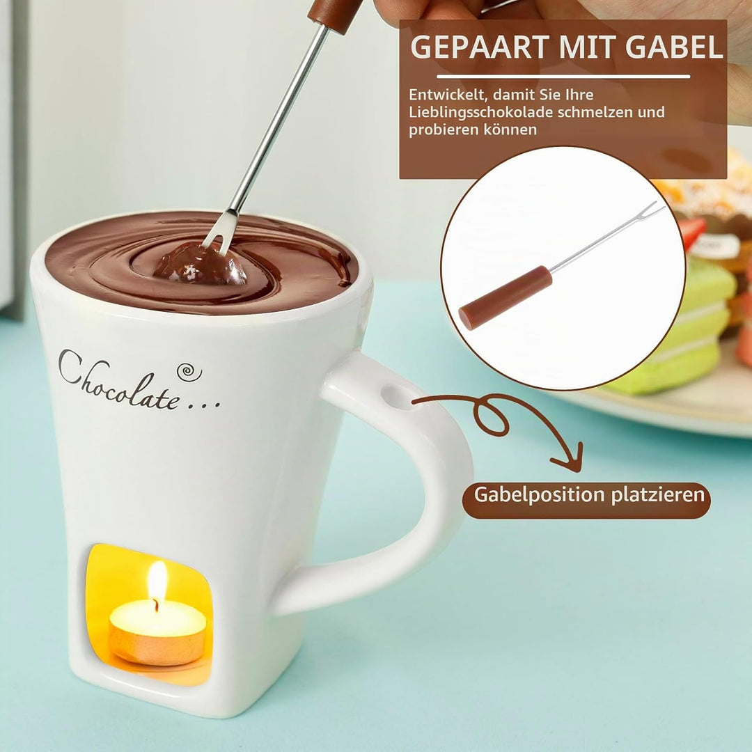 2 Stück Schokofondue Tasse,Keramik Schokoladenfondue Tasse mit Gabel Neu Käsefondue Set,Mehrzweck We