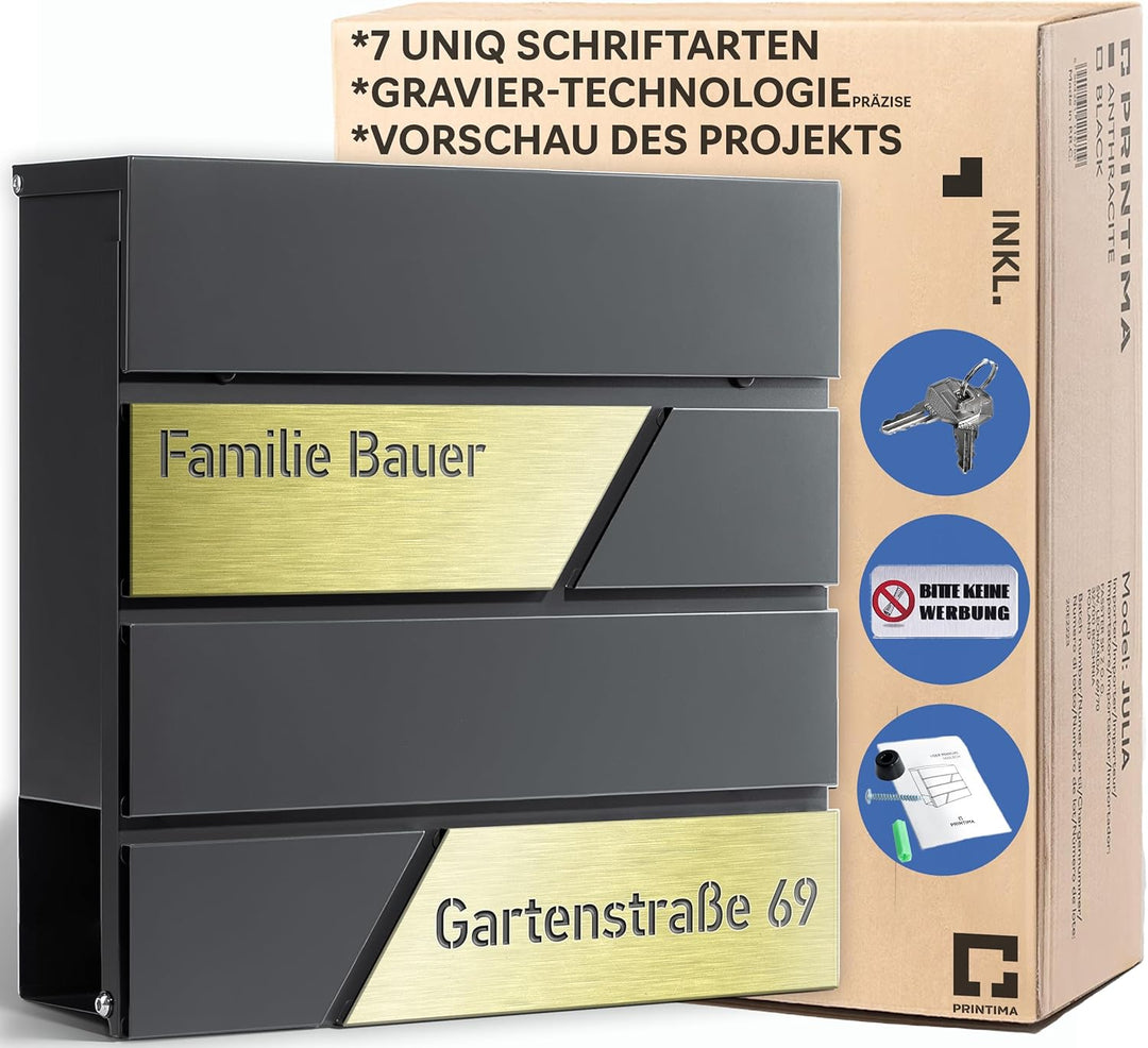 Design Anthrazit Briefkasten mit Hausnummer & Ihre Namen Gravur Personalisiert, Wandbriefkasten mit
