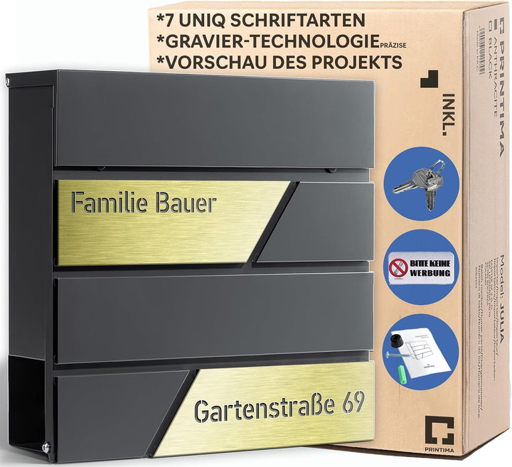 Design Anthrazit Briefkasten mit Hausnummer & Ihre Namen Gravur Personalisiert, Wandbriefkasten mit