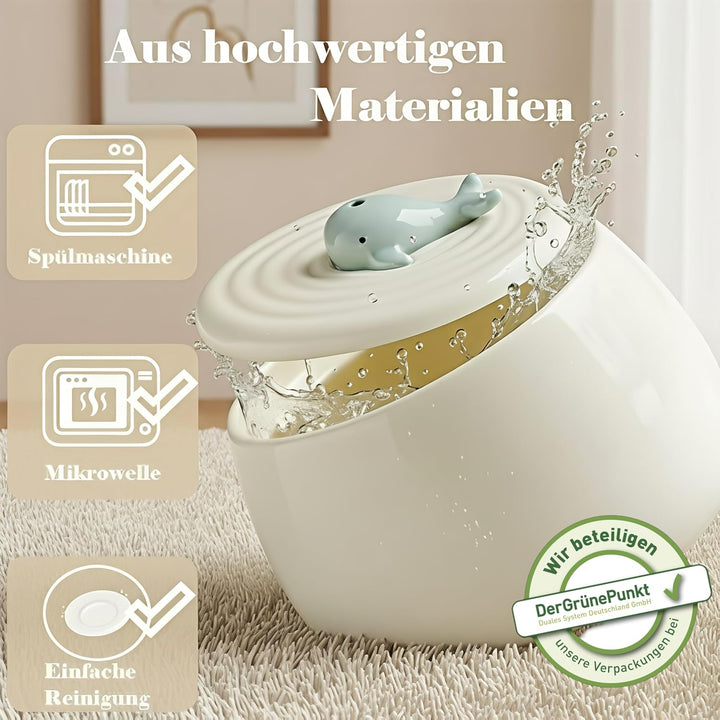 Katzenbrunnen Keramik Set mit Futternapf & 3-Fach Wasserfiltersystem – 1,3L Wasserspender mit Modern